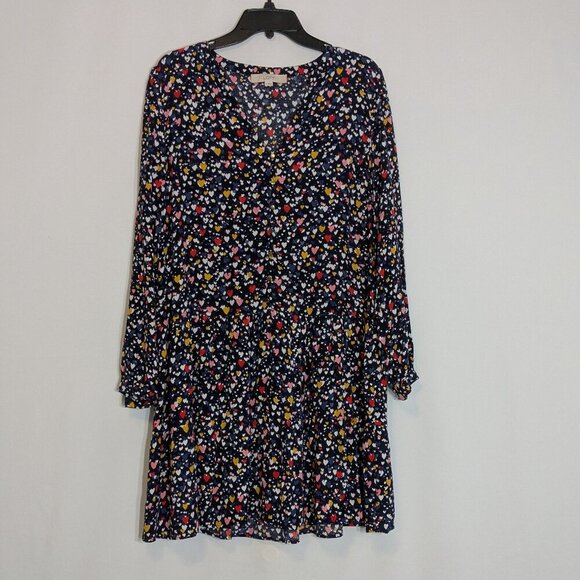LOFT Navy/Red/Pink Heart Design, Long Sleeve, Drop Waist Button Dress; Size M - Picture 1 of 6